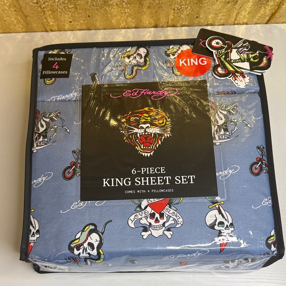 Ed Hardy Blue King Sheet Set with Skulls and Motorcycles